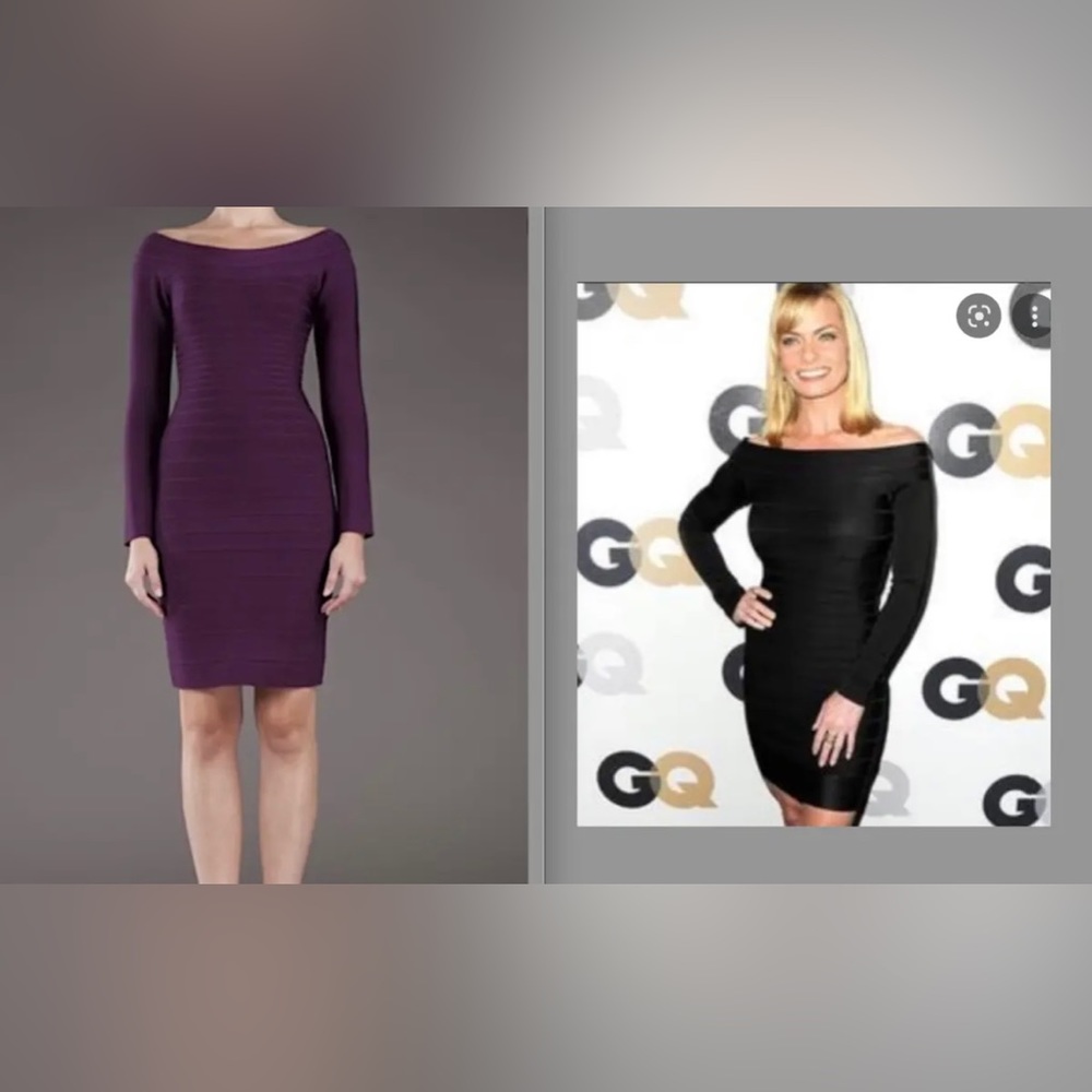 STUNNING Herve Leger Candice Shoulder Sleeve Purple Cocktail Bandage dress $1150
